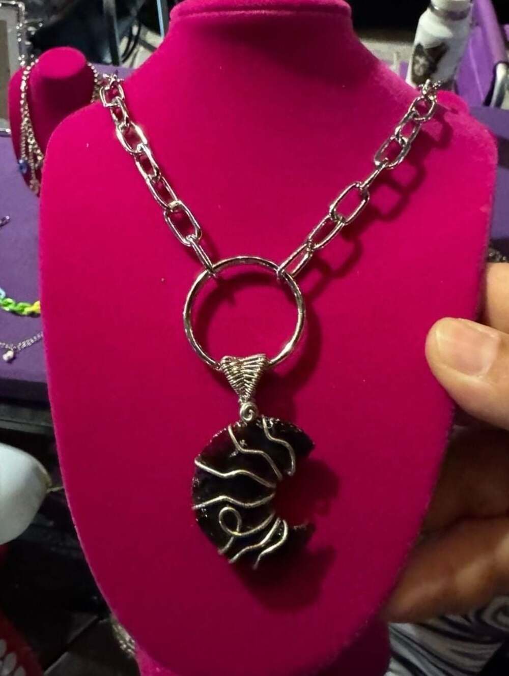 Wire-Wrapped Black Obsidian Crescent Moon Pendant Necklace